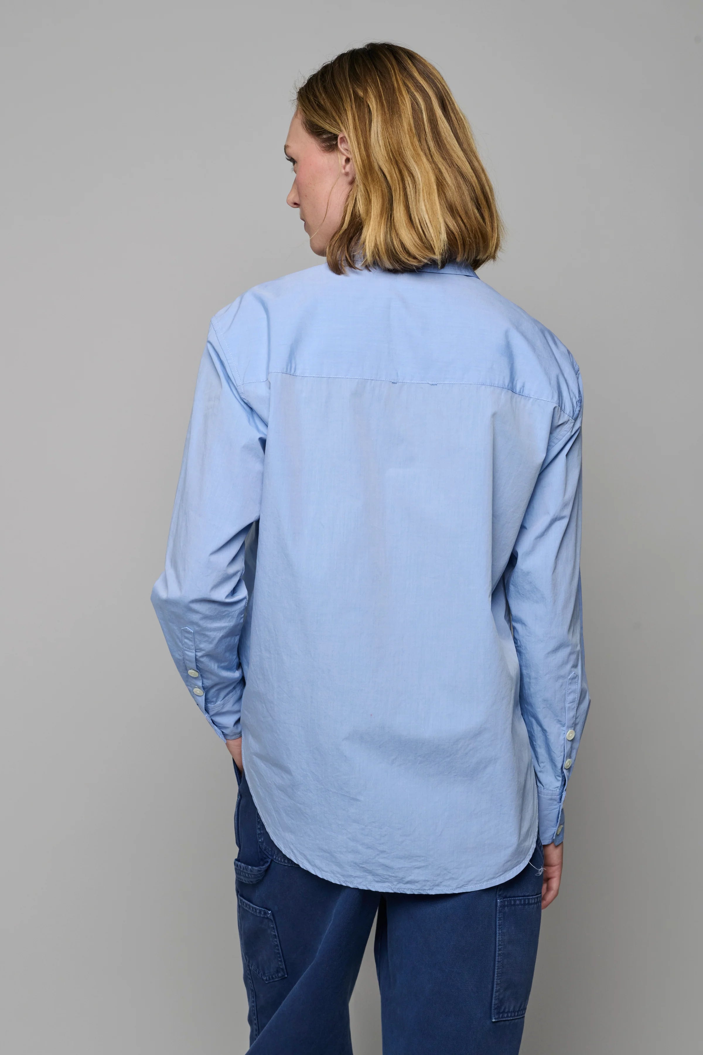 Cotton Poplin Button Up Shirt in Blue Poplin