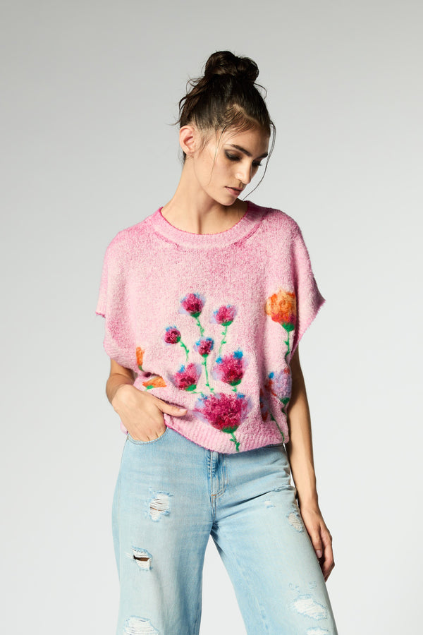 Gilet Sweater with Needle Punched Flowers